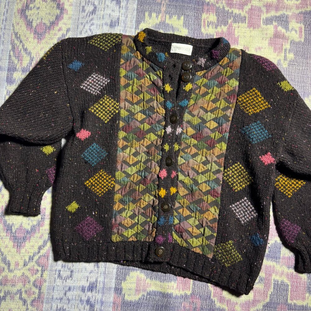 Vintage Black Argyle Diamond Button Front 80s Embroidered Cardigan Women's
